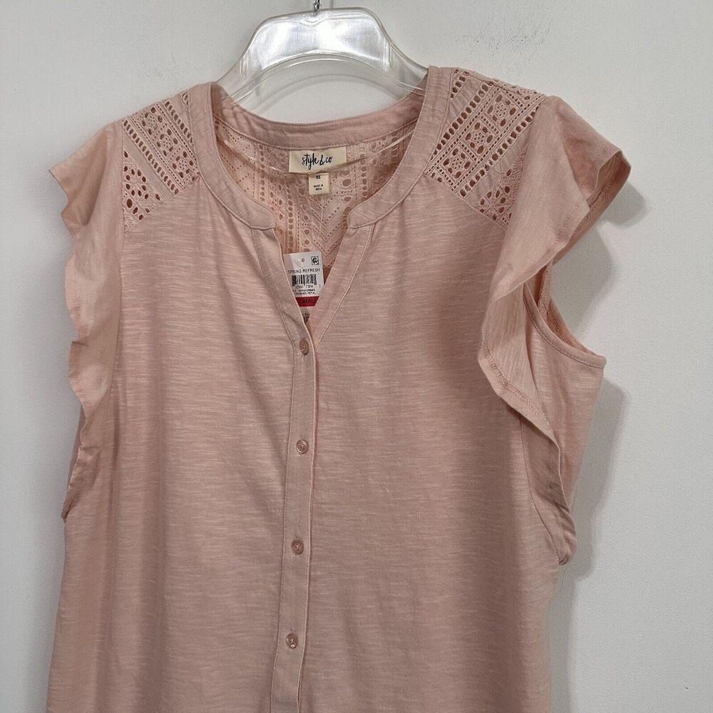 Style & Co Top XS Cap Flutter Sleeve Crushed‎ Petal Pink Popover Casual Lace NEW - Picture 3 of 11